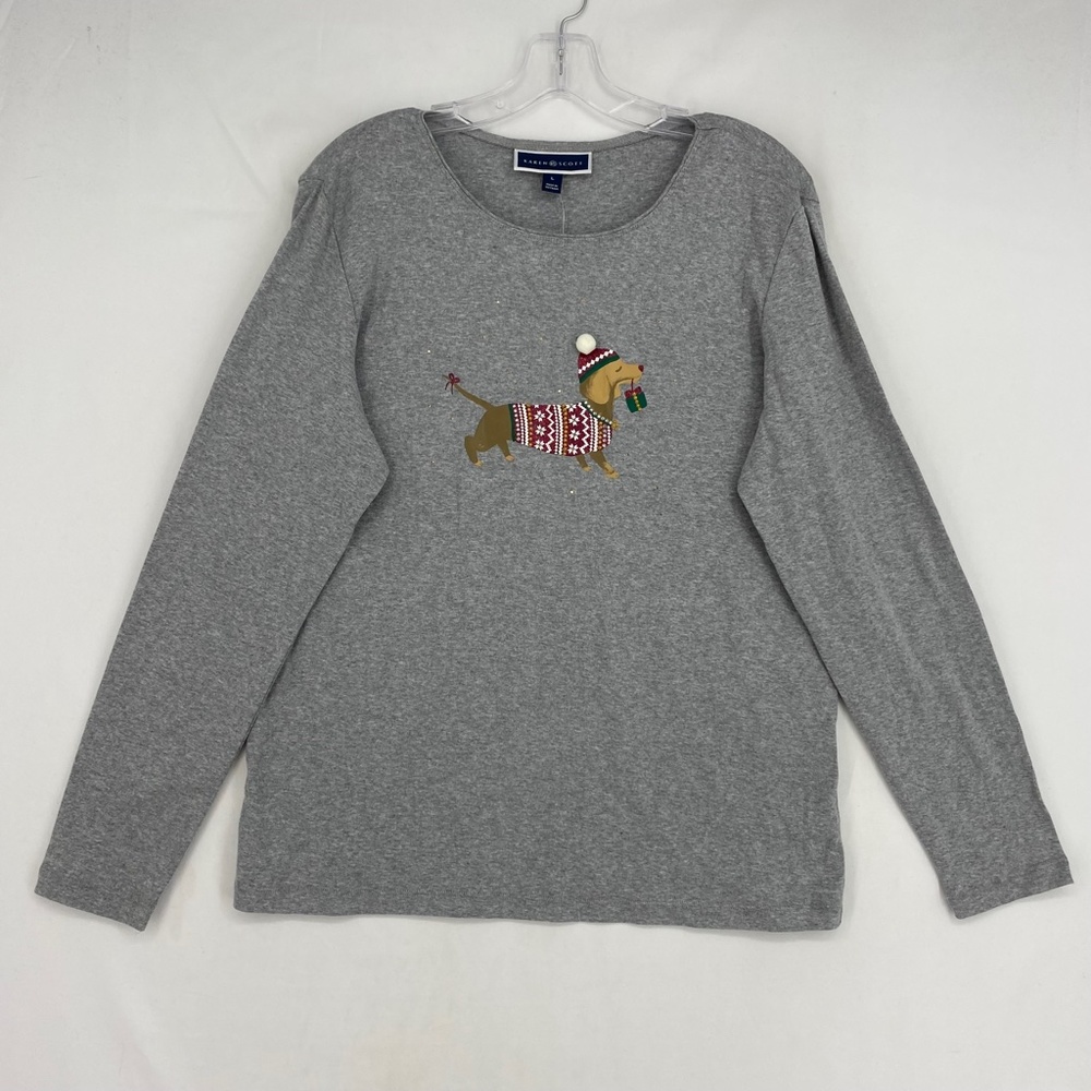 Karen Scott Womens Large Long Sleeve T-Shirt Gray Embellished Christmas Dog